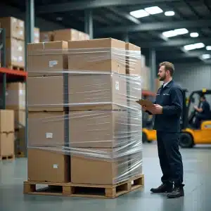 Pallet con carico instabile e film estensibile allentato in area di magazzino durante un controllo tecnico