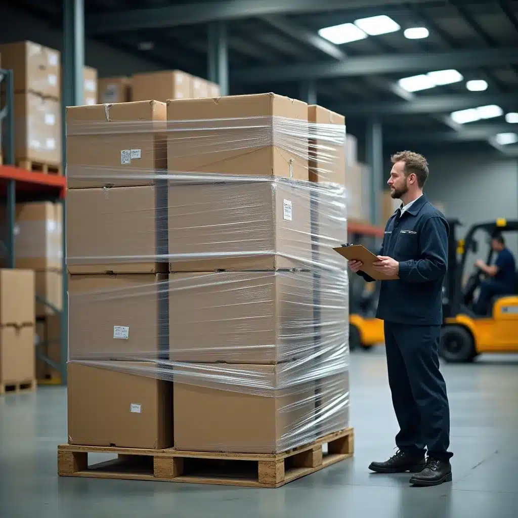 Pallet con carico instabile e film estensibile allentato in area di magazzino durante un controllo tecnico