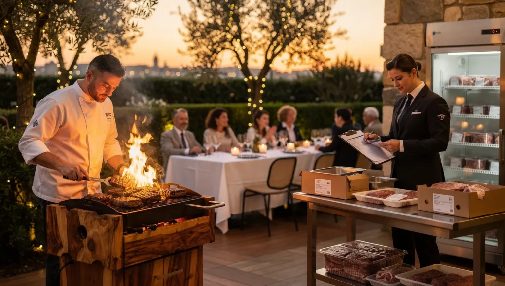 Servizio serale in un ristorante con giardino e griglia, con controllo della tracciabilità della carne prima del servizio
