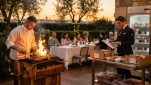 Servizio serale in un ristorante con giardino e griglia, con controllo della tracciabilità della carne prima del servizio