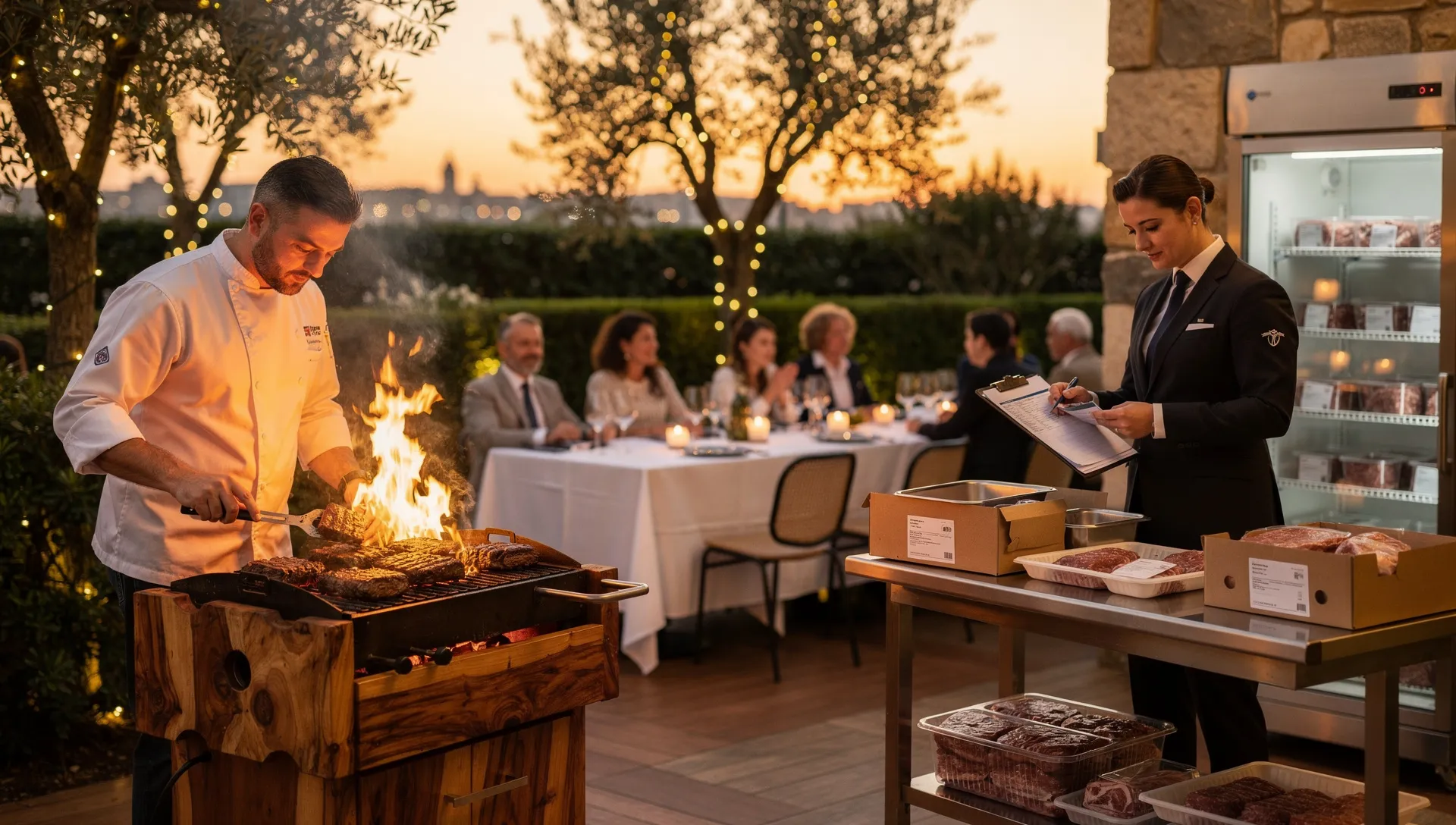 Servizio serale in un ristorante con giardino e griglia, con controllo della tracciabilità della carne prima del servizio