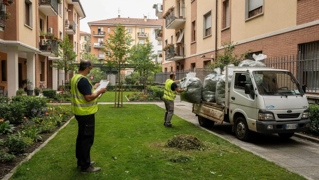 Operatori del verde in un cortile condominiale di Milano caricano sacchi di sfalci e potature su un mezzo da lavoro