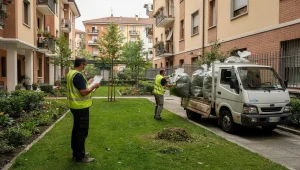 Operatori del verde in un cortile condominiale di Milano caricano sacchi di sfalci e potature su un mezzo da lavoro