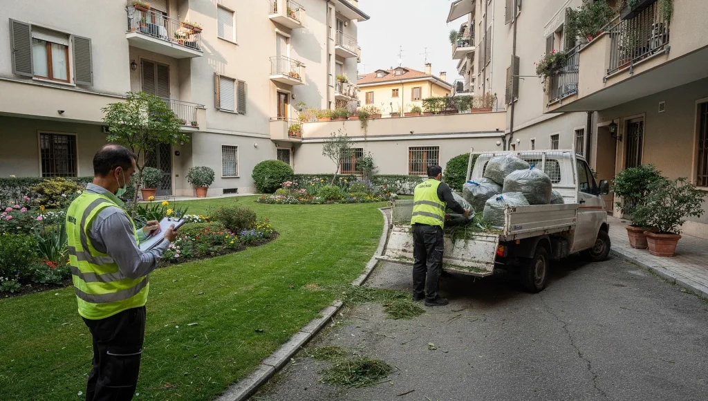 Operatori del verde in un cortile condominiale di Milano caricano sacchi di sfalci e potature su un mezzo da lavoro